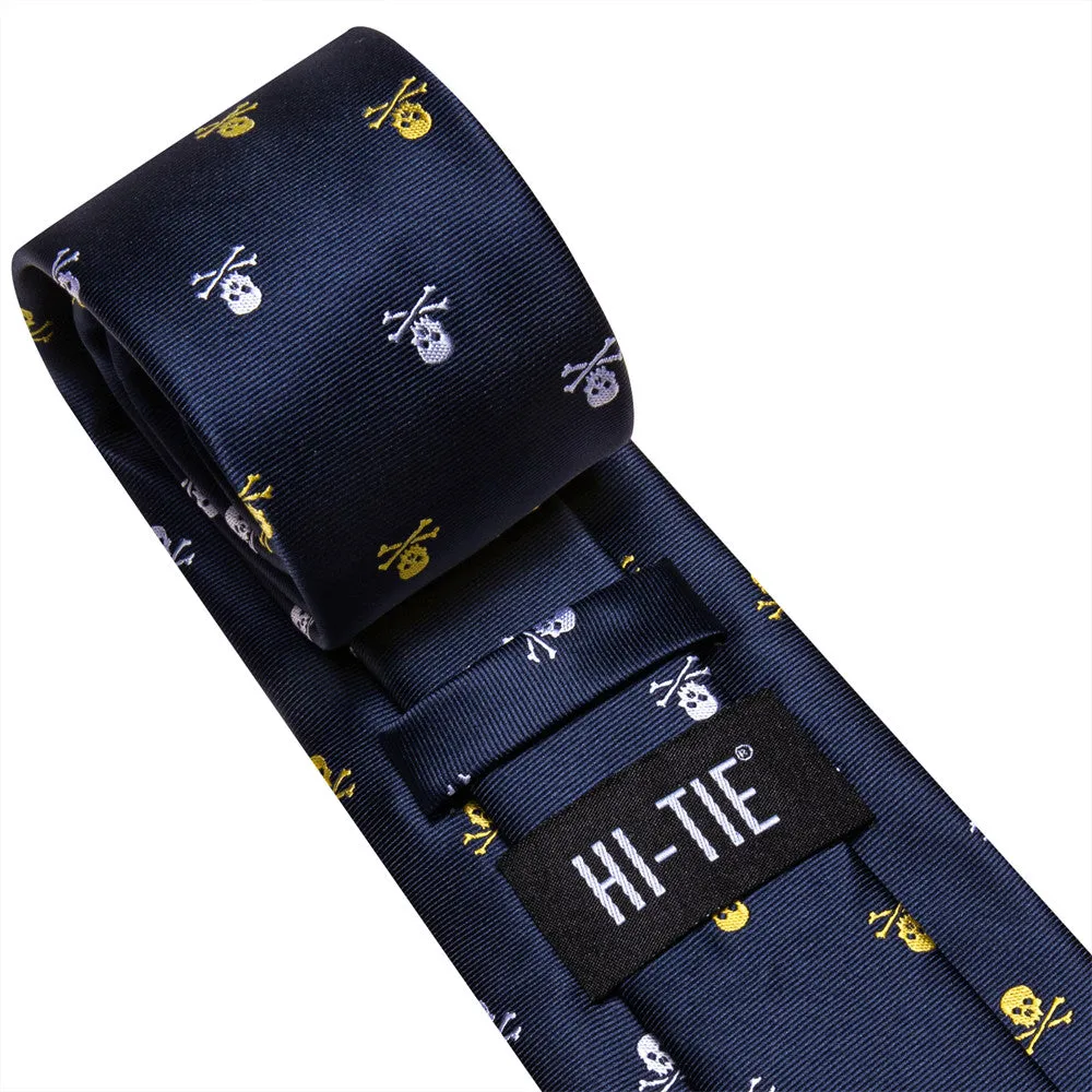 Hi-Tie Blue Skull Silk Men's Necktie Pocket Square Cufflinks Set