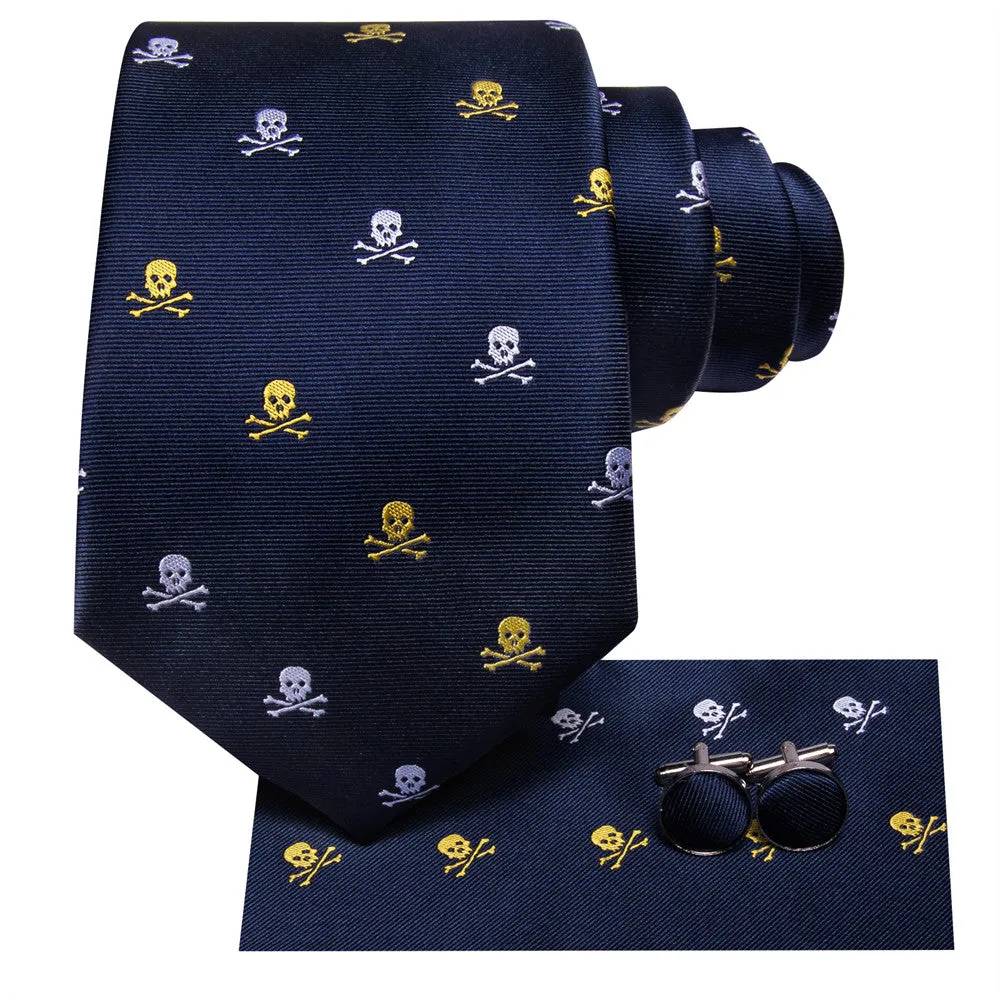 Hi-Tie Blue Skull Silk Men's Necktie Pocket Square Cufflinks Set