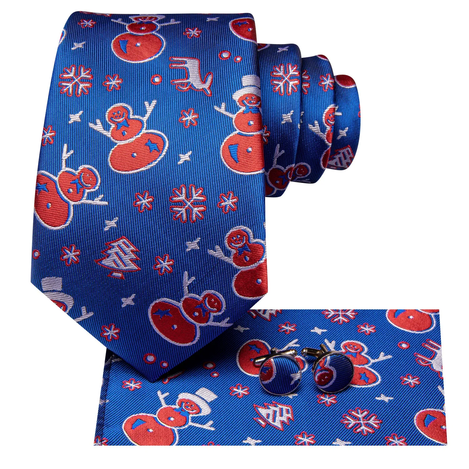 Hi-Tie Christmas Blue Red Snowmen Mens Tie Pocket Square Cufflinks Set