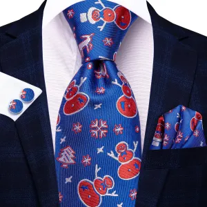 Hi-Tie Christmas Blue Red Snowmen Mens Tie Pocket Square Cufflinks Set