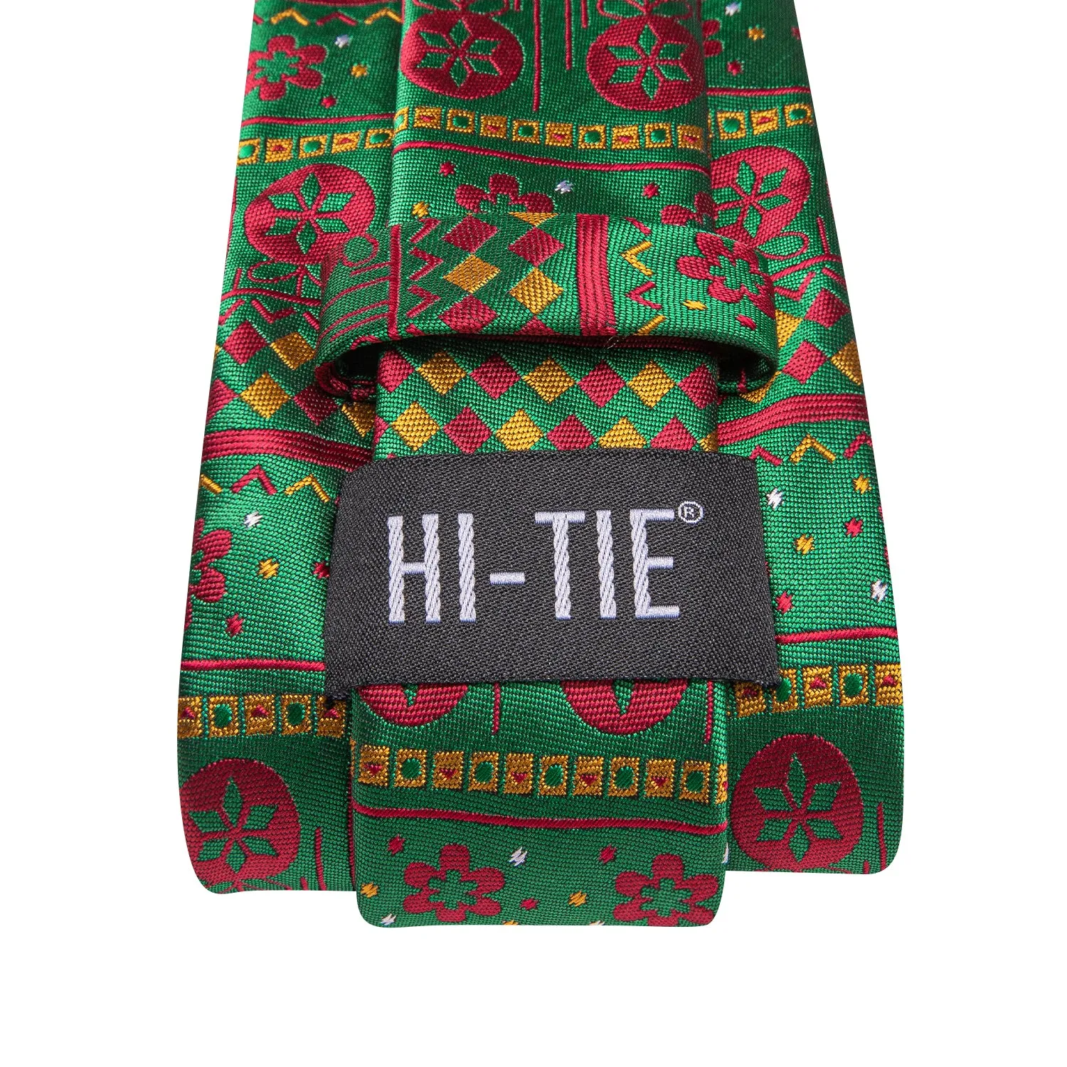 Hi-Tie Christmas Green Novelty Men's Tie Pocket Square Cufflinks Set