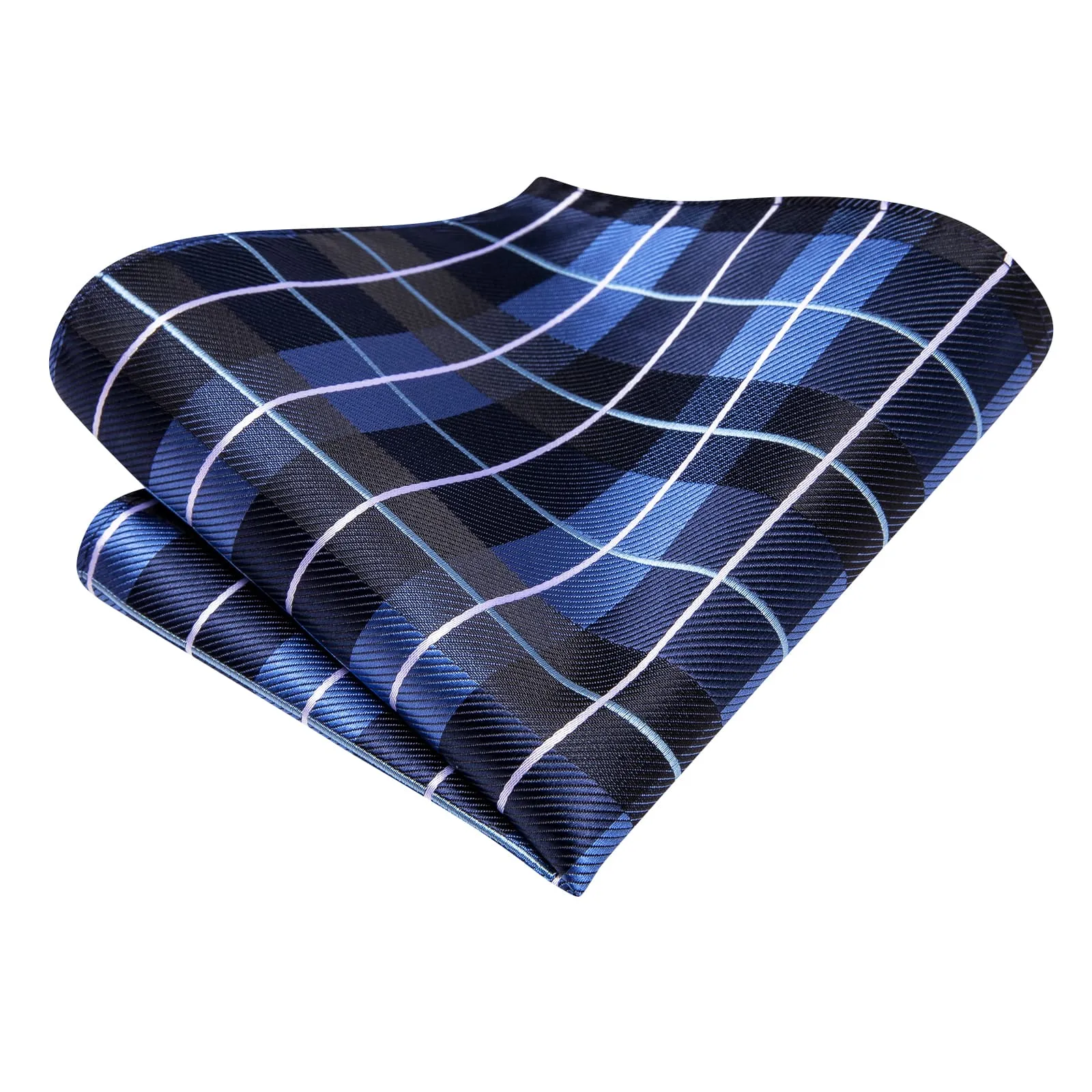 Hi-Tie Dark Blue Necktie Checkered Business Tie Hanky Cufflinks Set