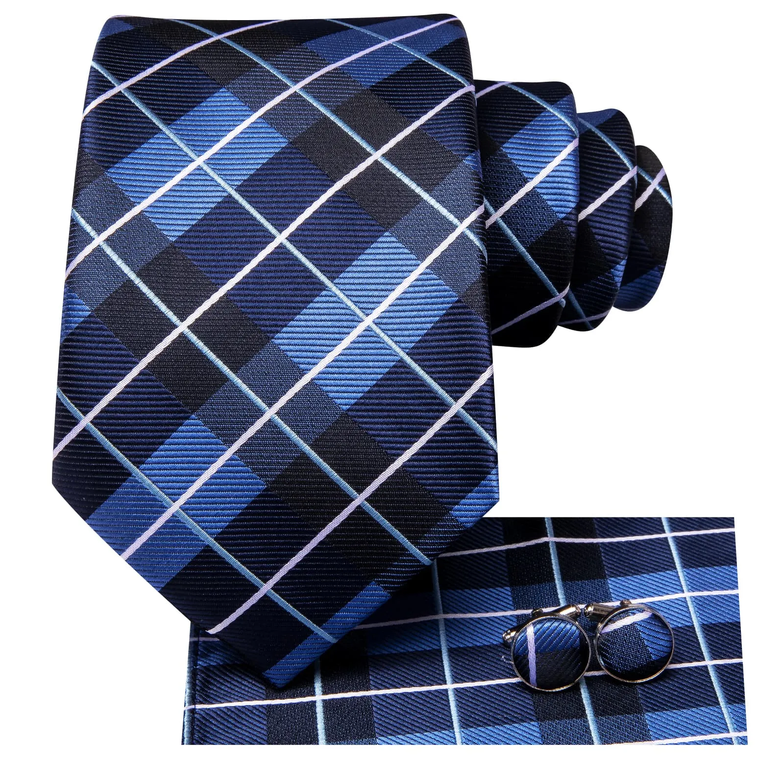 Hi-Tie Dark Blue Necktie Checkered Business Tie Hanky Cufflinks Set