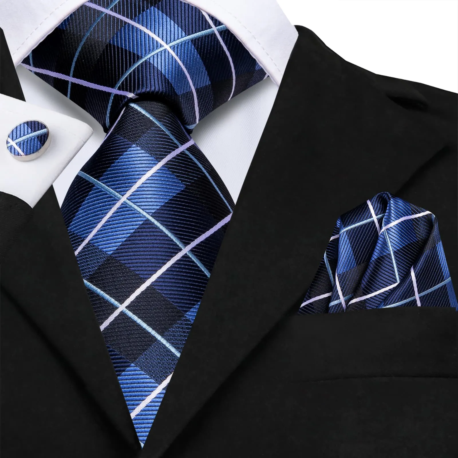 Hi-Tie Dark Blue Necktie Checkered Business Tie Hanky Cufflinks Set