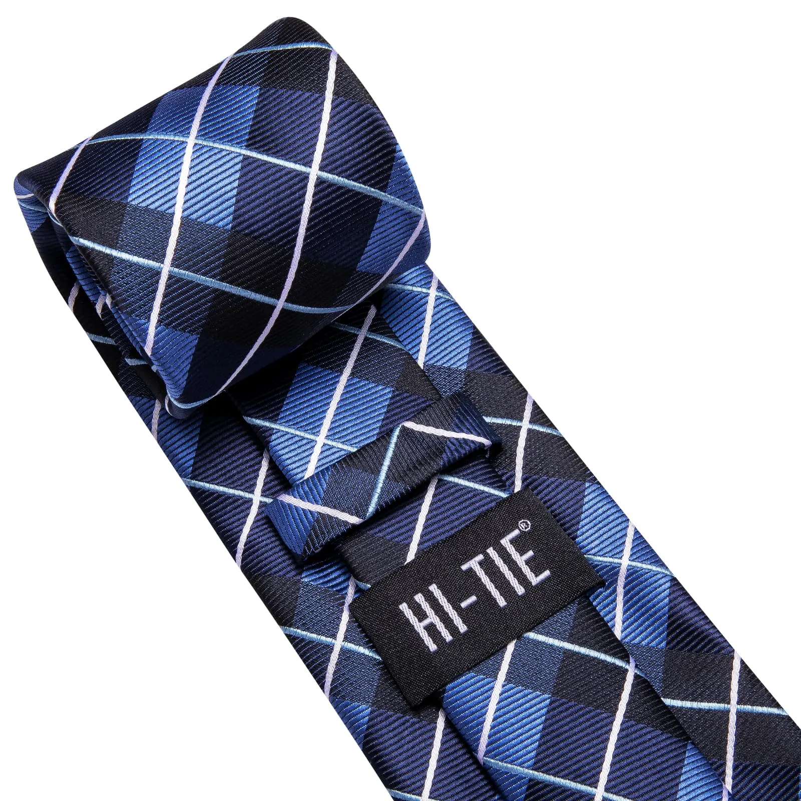 Hi-Tie Dark Blue Necktie Checkered Business Tie Hanky Cufflinks Set