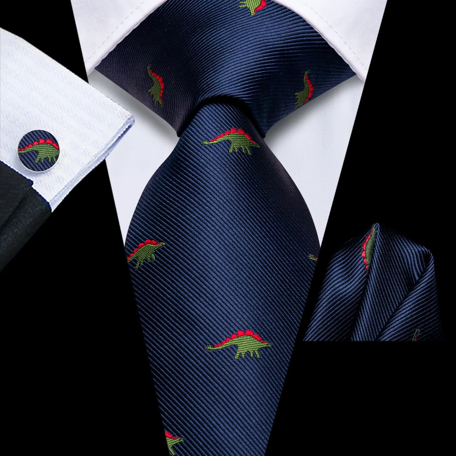 Hi-Tie Dark Blue Novelty Dinosaur Pattern Silk Mens Tie Pocket Square Cufflinks Set