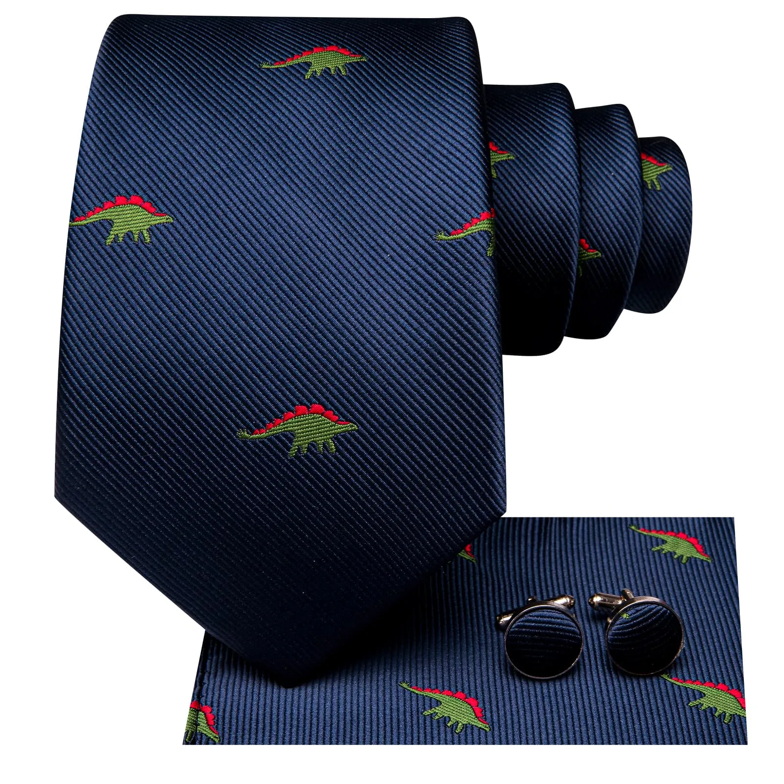 Hi-Tie Dark Blue Novelty Dinosaur Pattern Silk Mens Tie Pocket Square Cufflinks Set