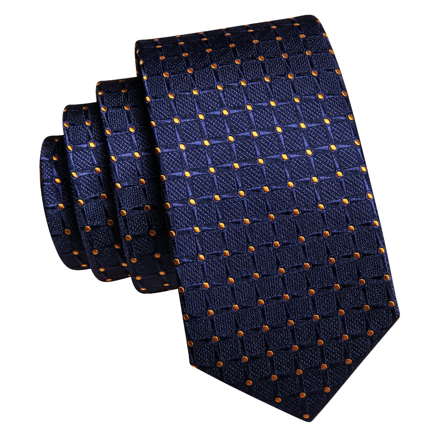 Hi-Tie Deep Blue Tie Gold Dots Plaid Tie Pocket Square Cufflinks Set