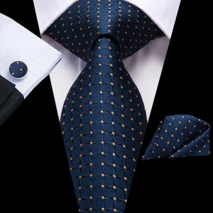 Hi-Tie Deep Blue Tie Gold Dots Plaid Tie Pocket Square Cufflinks Set