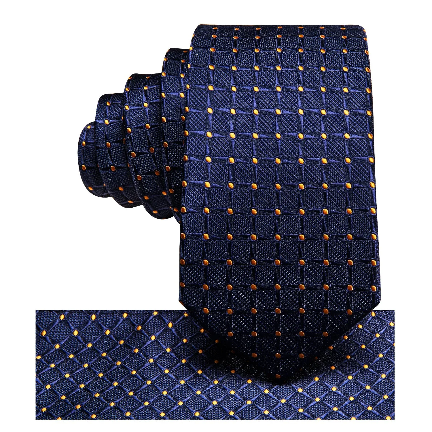 Hi-Tie Deep Blue Tie Gold Dots Plaid Tie Pocket Square Cufflinks Set