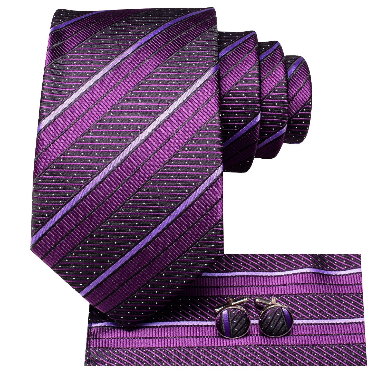 Hi-Tie Deep Purple Necktie White Stripe Tie Pocket Square Cufflinks Set