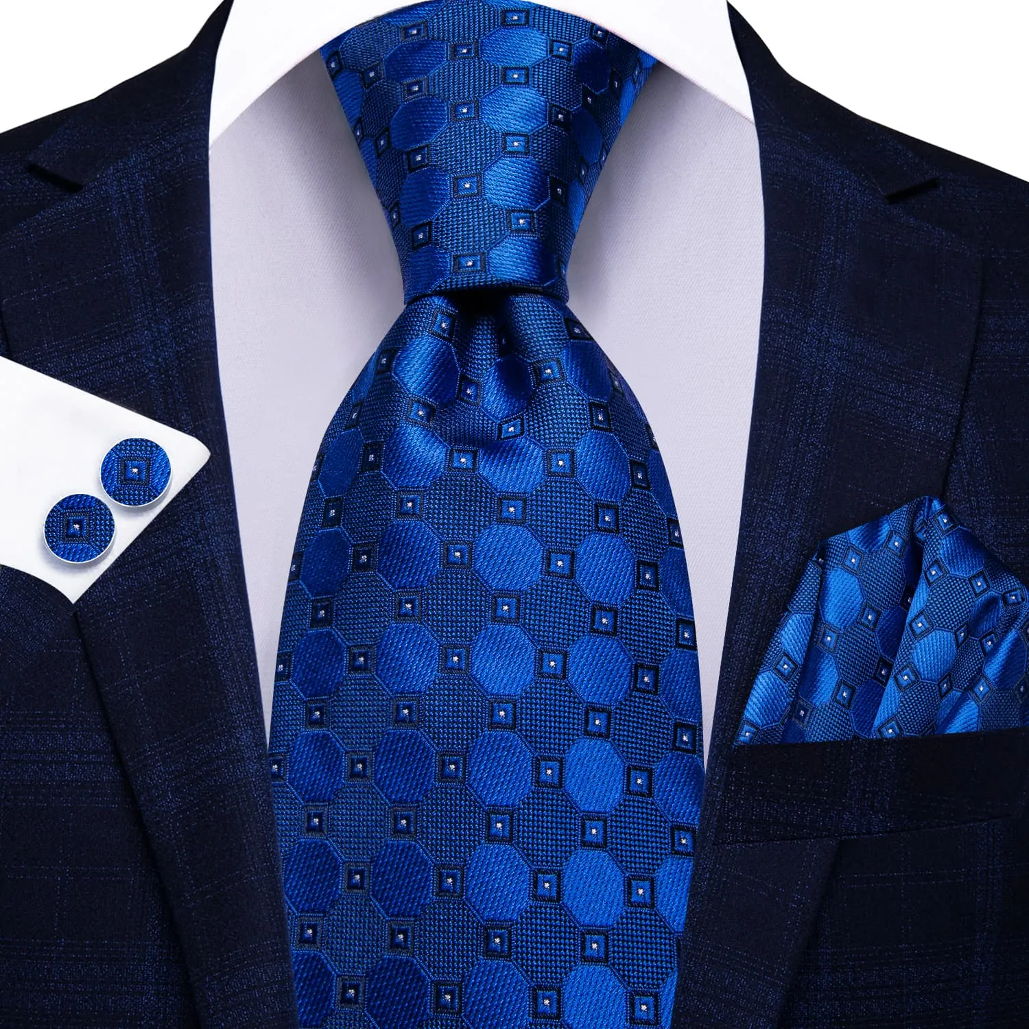 Hi-Tie Geometric Tie Navy Blue Silk Necktie Set for Men