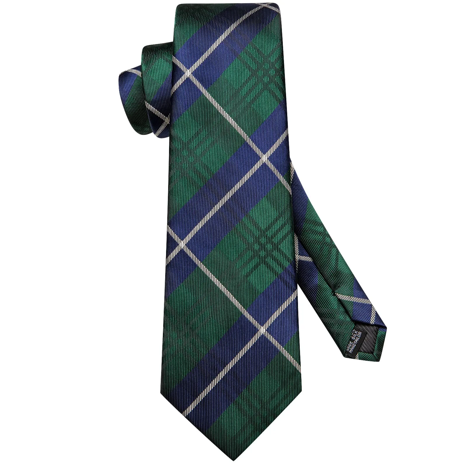 Hi-Tie Green Necktie Blue White Stripes Checkered Tie Hanky Cufflinks