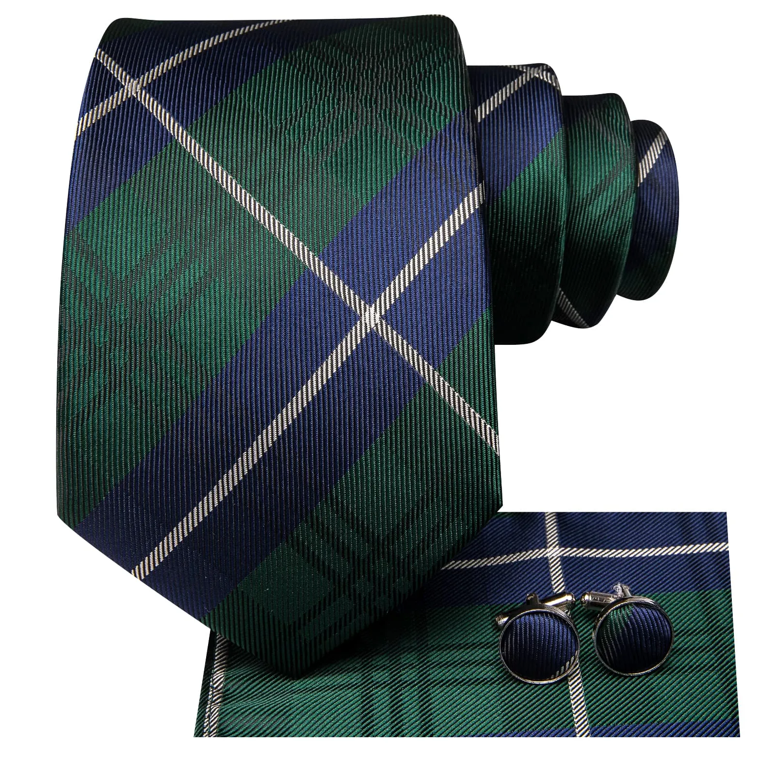 Hi-Tie Green Necktie Blue White Stripes Checkered Tie Hanky Cufflinks