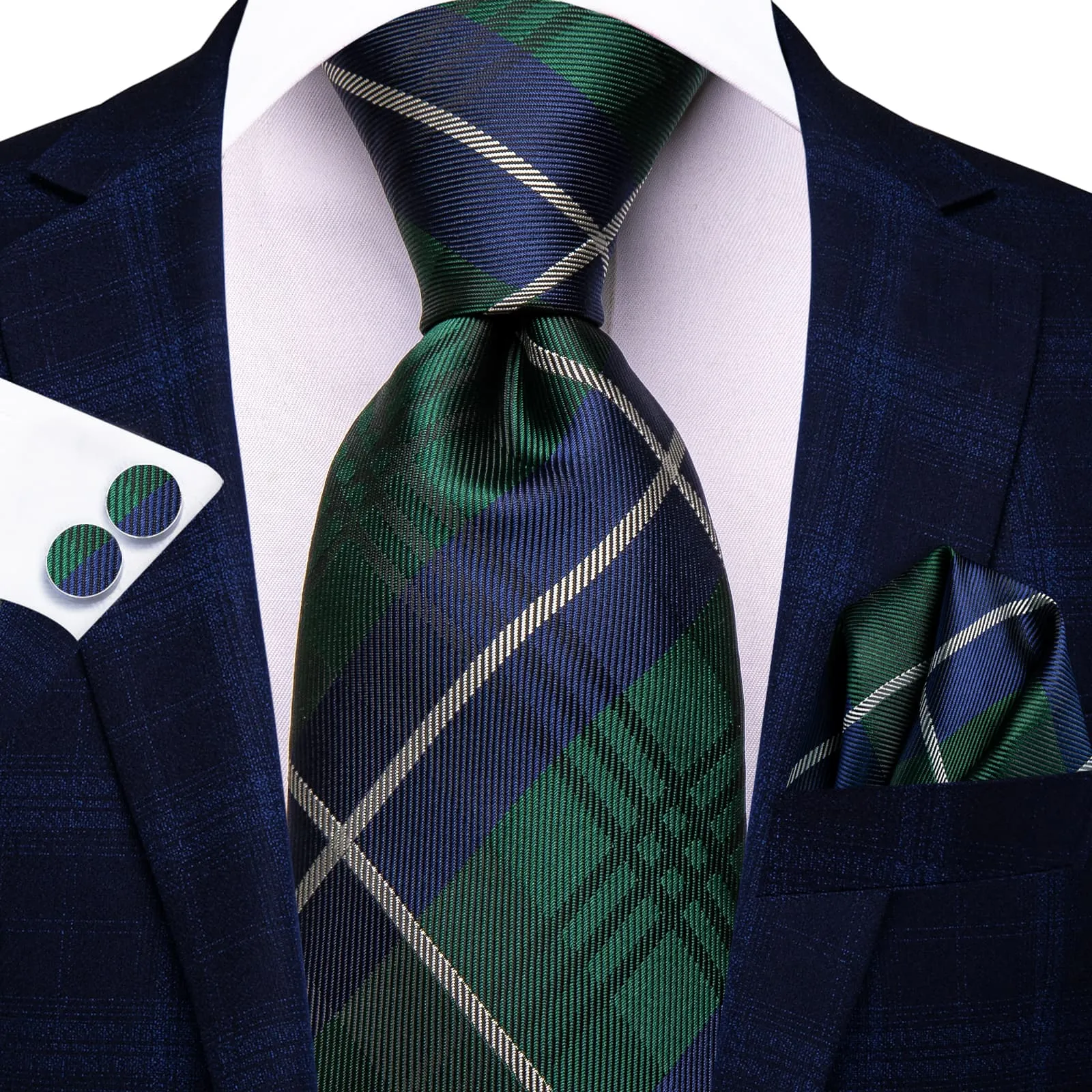 Hi-Tie Green Necktie Blue White Stripes Checkered Tie Hanky Cufflinks