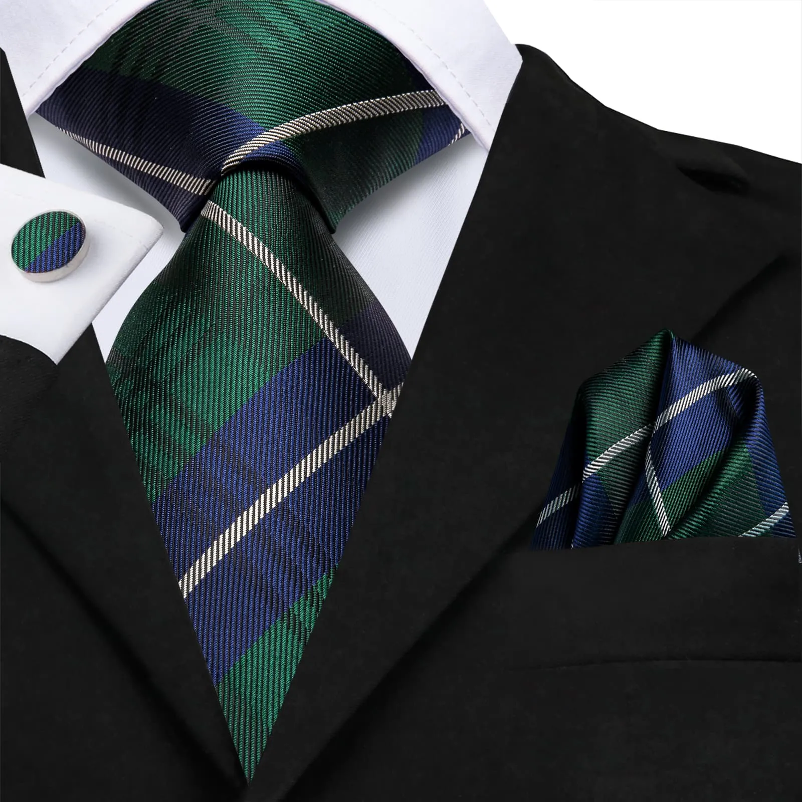 Hi-Tie Green Necktie Blue White Stripes Checkered Tie Hanky Cufflinks