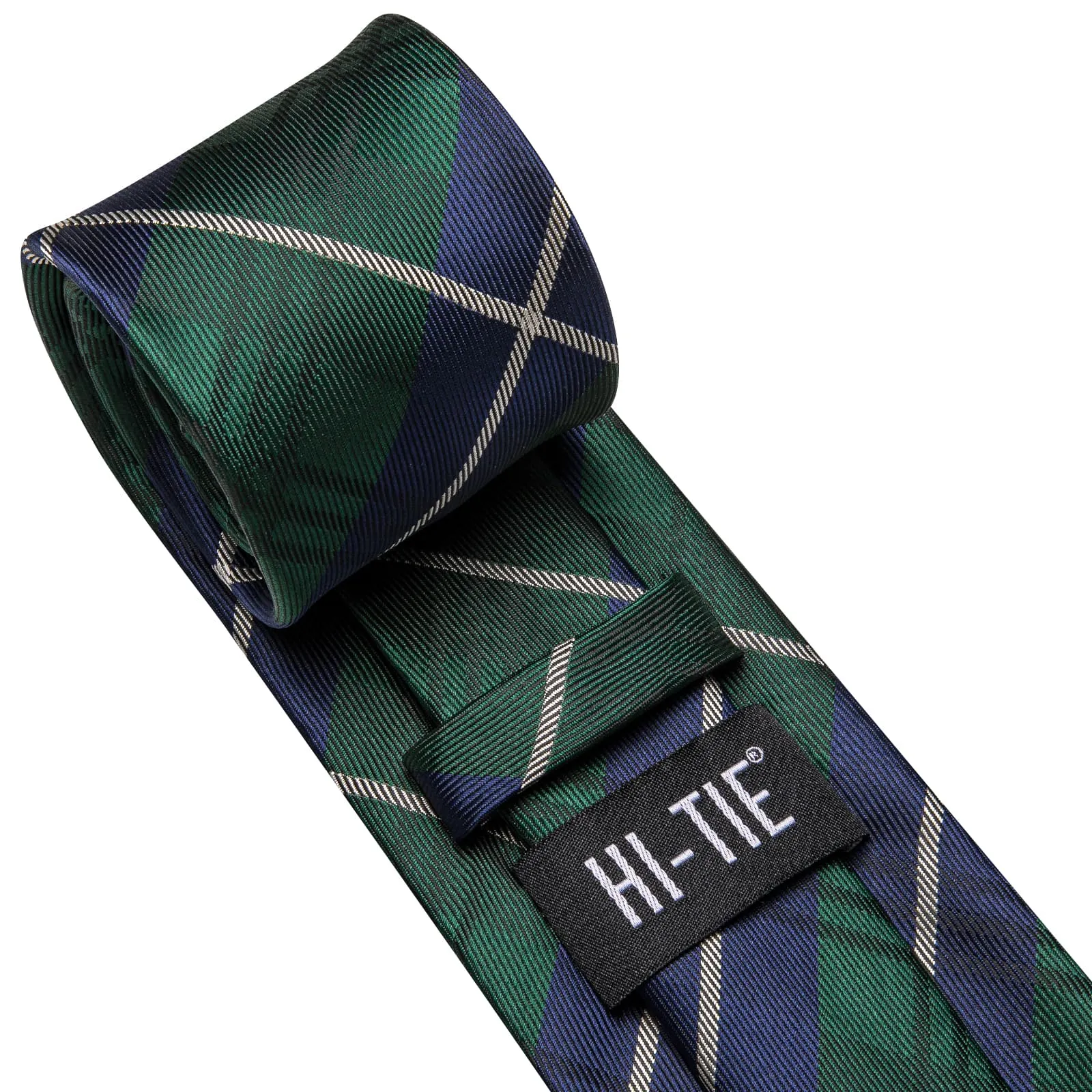 Hi-Tie Green Necktie Blue White Stripes Checkered Tie Hanky Cufflinks