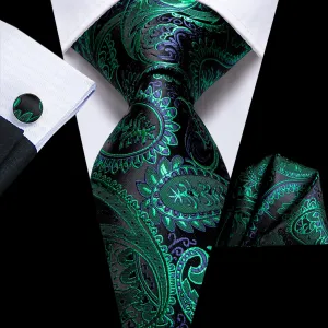 Hi-Tie Green Ties Black Blue Paisley Tie Pocket Square Cufflinks Set