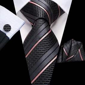 Hi-Tie Grey Pink Stripe White Dot Necktie Pocket Square Cufflinks Set