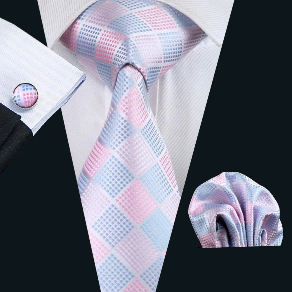 Hi-Tie Light Blue Pink Checkered Plaid Tie Pocket Square Cufflinks Set