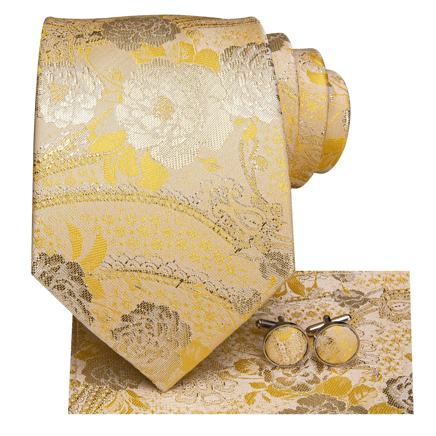 Hi-Tie Light Yellow Gold Floral Men's Tie Pocket Square Cufflinks Set