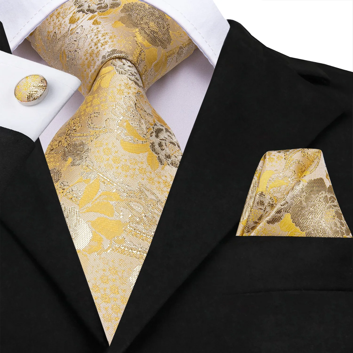 Hi-Tie Light Yellow Gold Floral Men's Tie Pocket Square Cufflinks Set