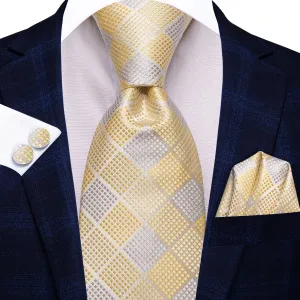 Hi-Tie Light Yellow White Plaid Men's Tie Pocket Square Cufflinks Set