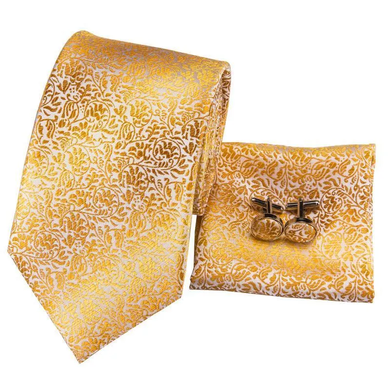 Hi-Tie Men's Gold Tie Leaves Jacquard Tie Handkerchief Cufflinks Set