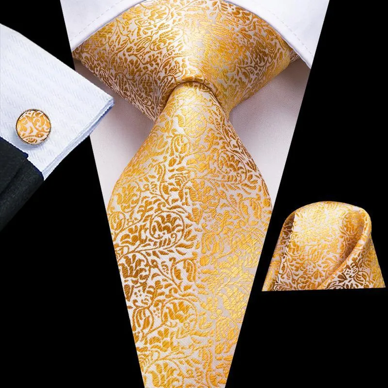 Hi-Tie Men's Gold Tie Leaves Jacquard Tie Handkerchief Cufflinks Set