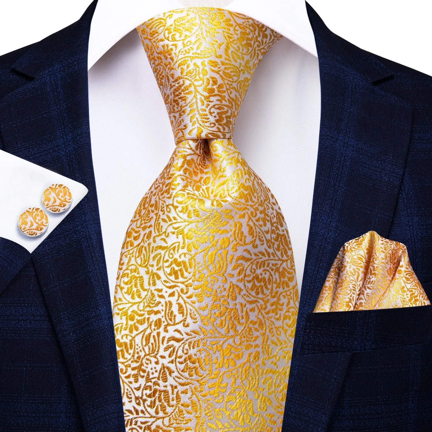 Hi-Tie Men's Gold Tie Leaves Jacquard Tie Handkerchief Cufflinks Set