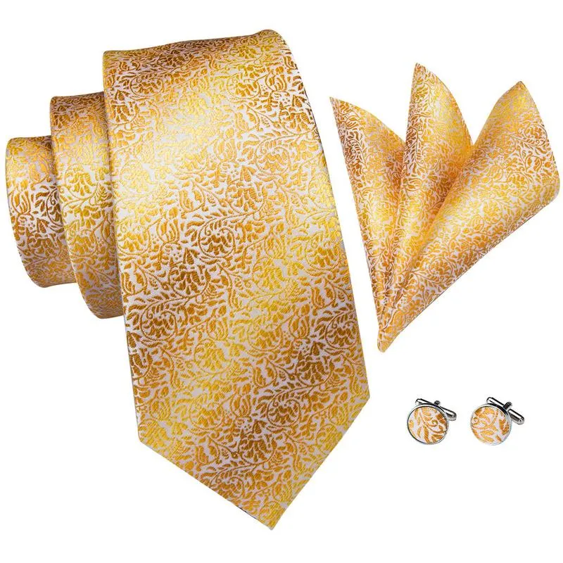 Hi-Tie Men's Gold Tie Leaves Jacquard Tie Handkerchief Cufflinks Set