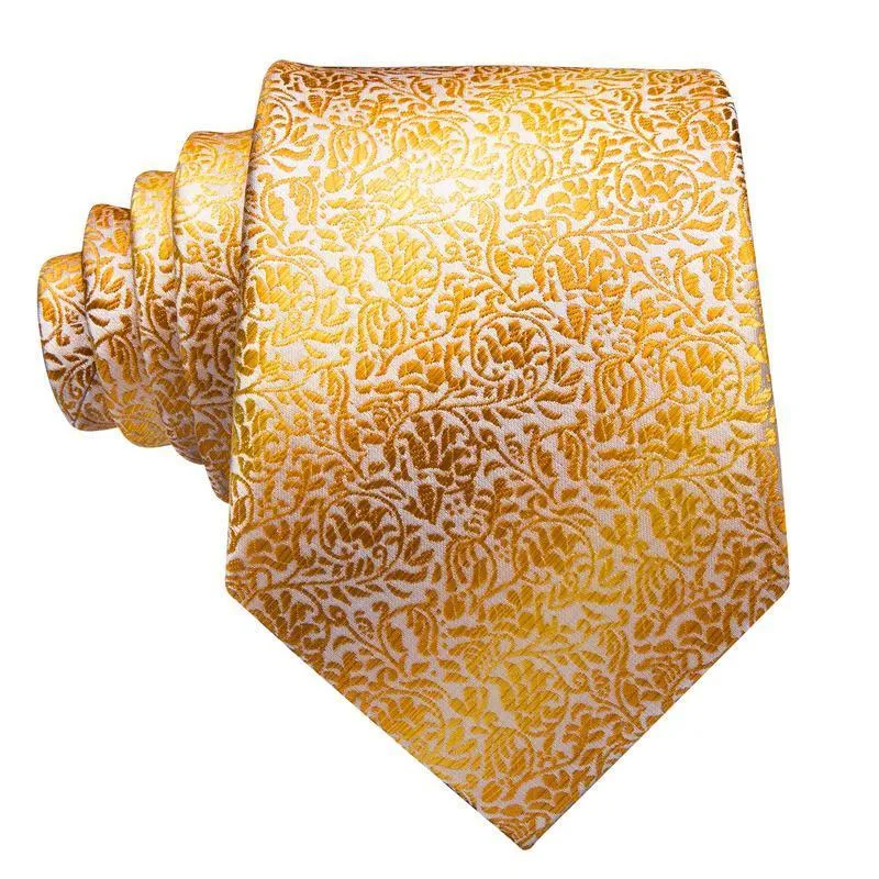 Hi-Tie Men's Gold Tie Leaves Jacquard Tie Handkerchief Cufflinks Set