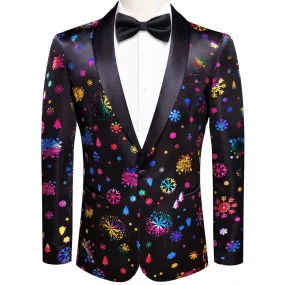 Hi-Tie Mens Silk Suit Black Colorful Christmas Snow Festival Suit for Men