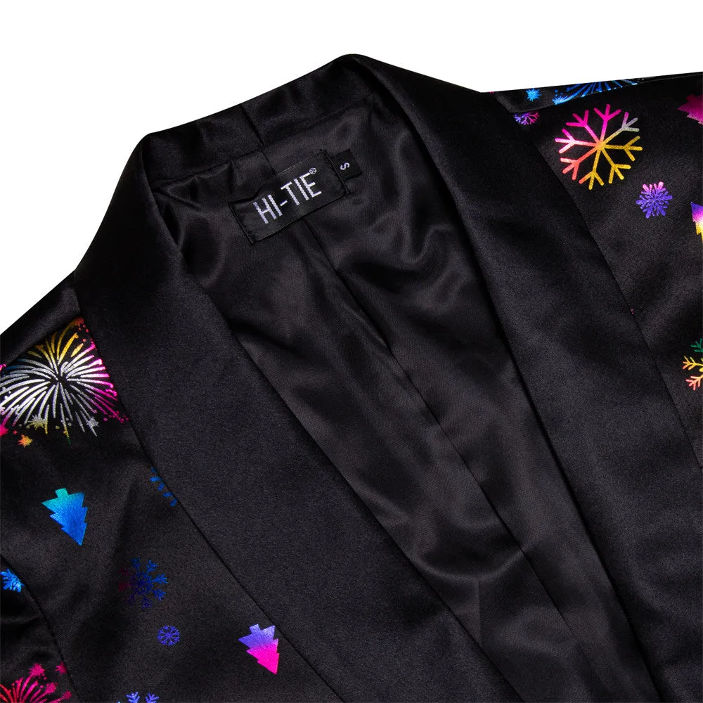 Hi-Tie Mens Silk Suit Black Colorful Christmas Snow Festival Suit for Men