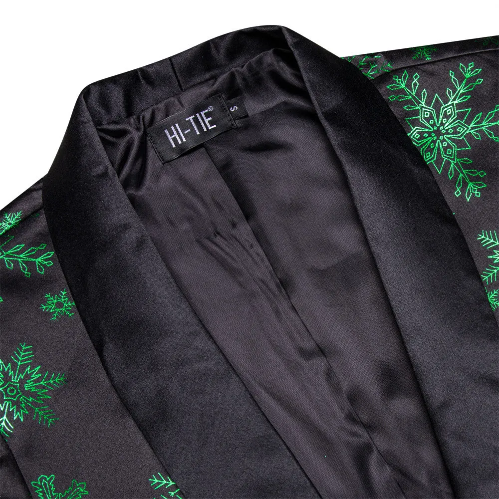 Hi-Tie Mens Silk Suit Black Green Snow Christmas Festival Suit for Men