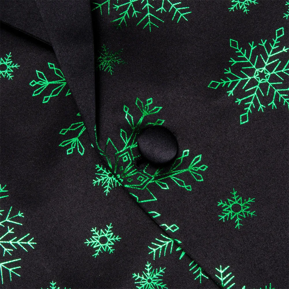 Hi-Tie Mens Silk Suit Black Green Snow Christmas Festival Suit for Men