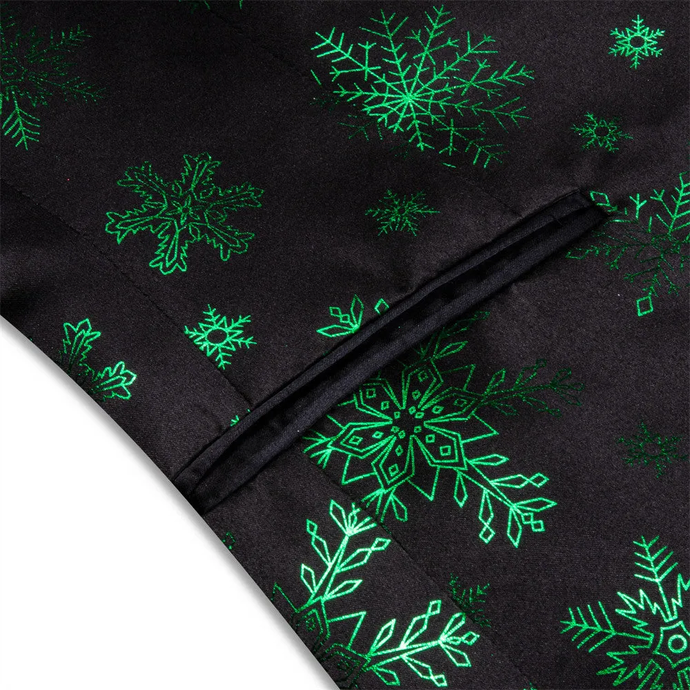 Hi-Tie Mens Silk Suit Black Green Snow Christmas Festival Suit for Men