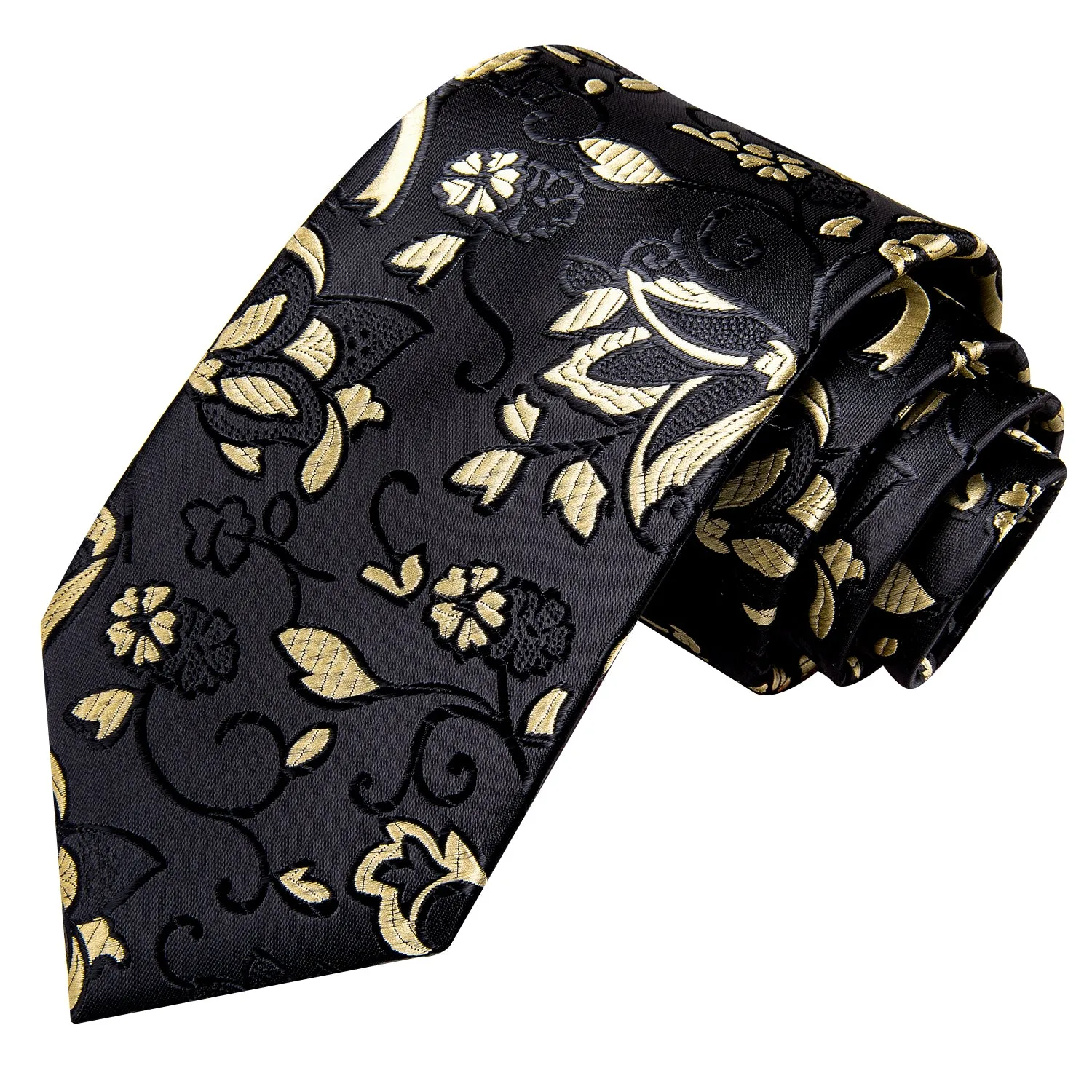 Hi-Tie Necktie Black Yellow Floral Tie Pocket Square Cufflinks Set