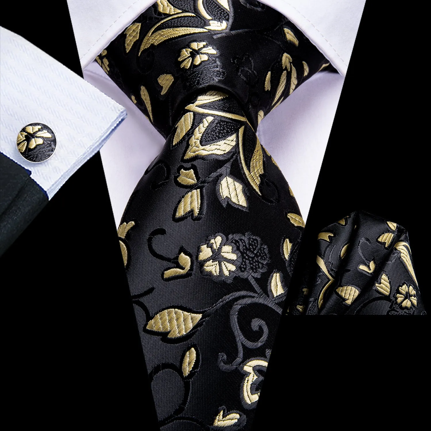 Hi-Tie Necktie Black Yellow Floral Tie Pocket Square Cufflinks Set