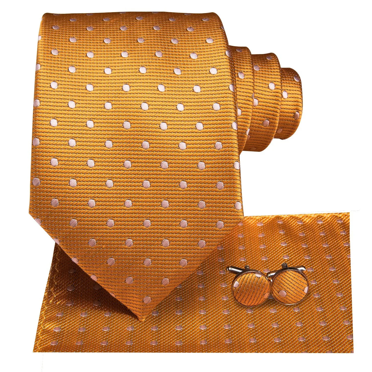 Hi-Tie Orange Snow Polka Dot Necktie Pocket Square Cufflinks Set