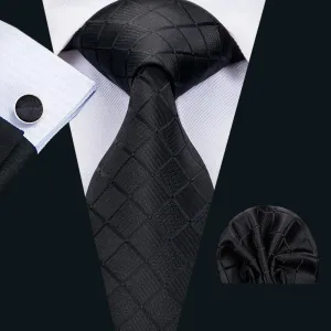 Hi-Tie Pure Black Plaid Silk 63 Inches Men's Tie Hanky Cufflinks Set