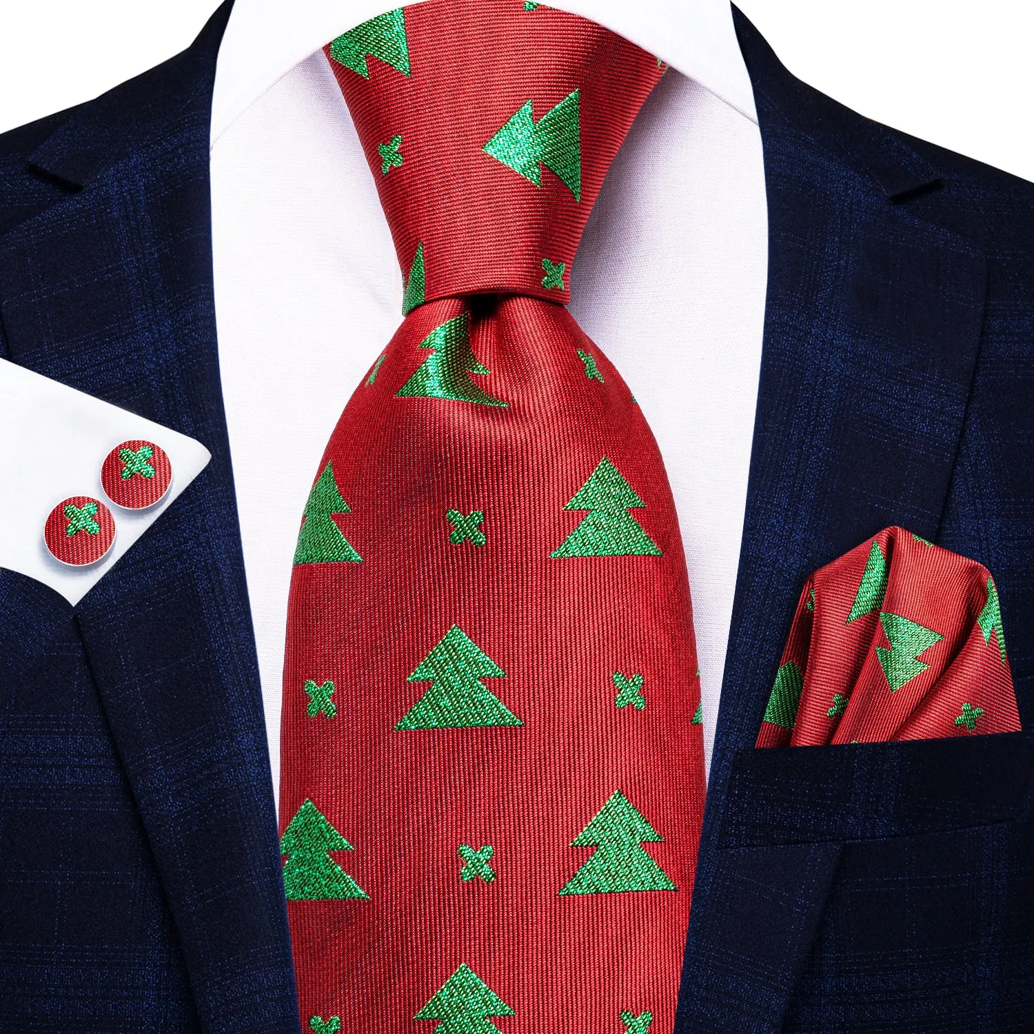 Hi-Tie Red Green Christmas Tree Necktie Pocket Square Cufflinks Set