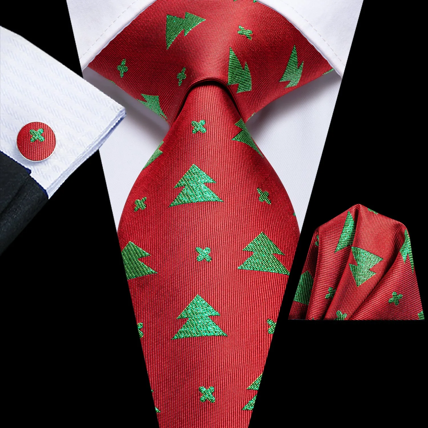 Hi-Tie Red Green Christmas Tree Necktie Pocket Square Cufflinks Set