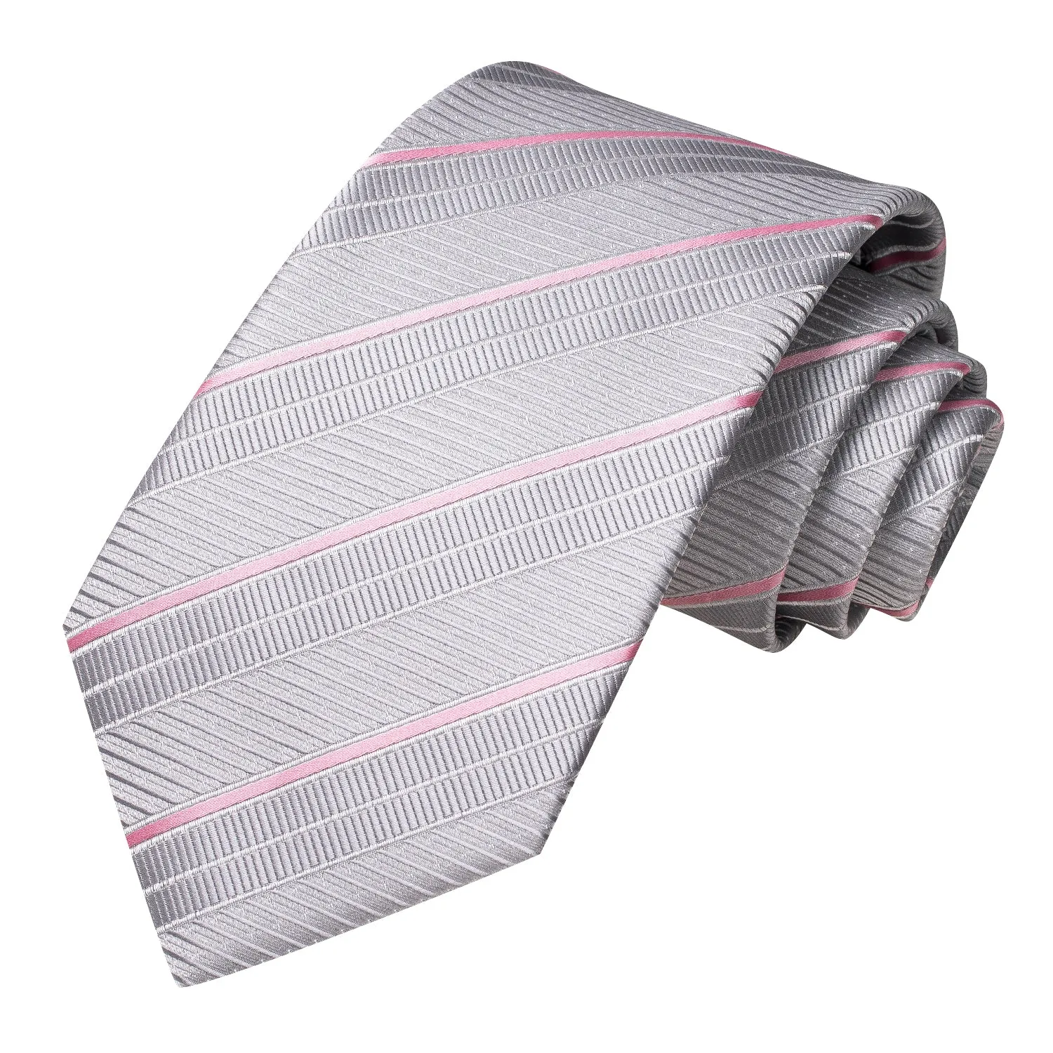 Hi-Tie Silver Grey Ties Pink Necktie Pocket Square Cufflinks Set