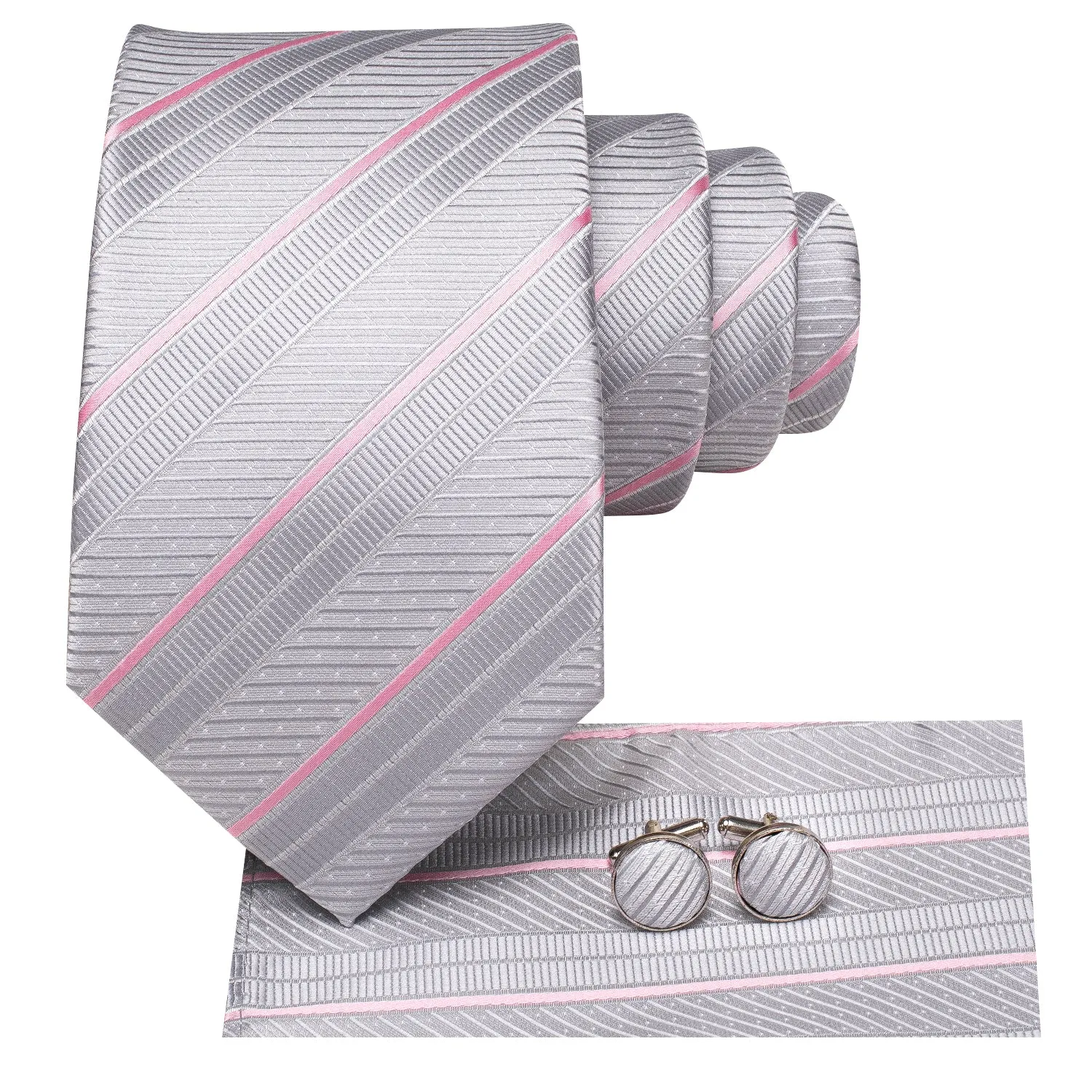 Hi-Tie Silver Grey Ties Pink Necktie Pocket Square Cufflinks Set