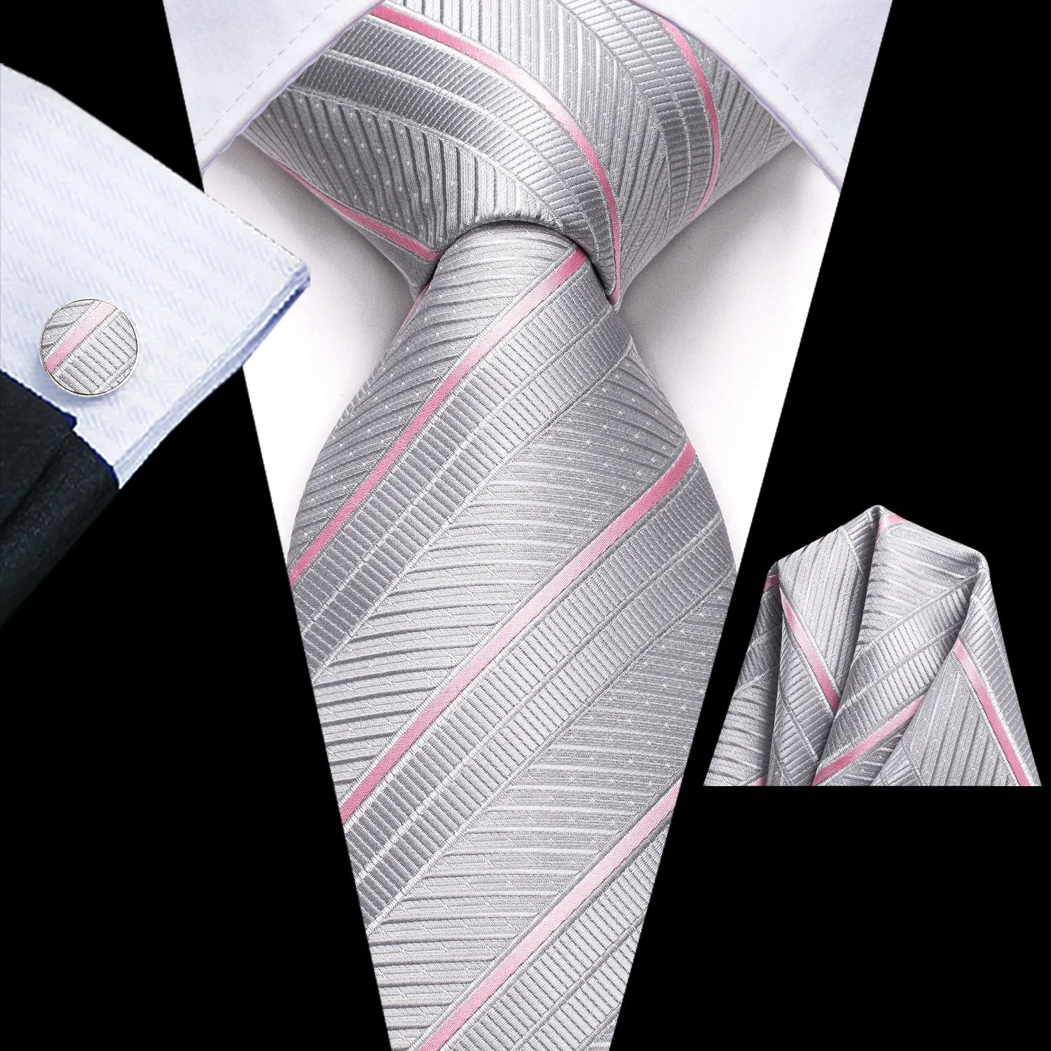 Hi-Tie Silver Grey Ties Pink Necktie Pocket Square Cufflinks Set