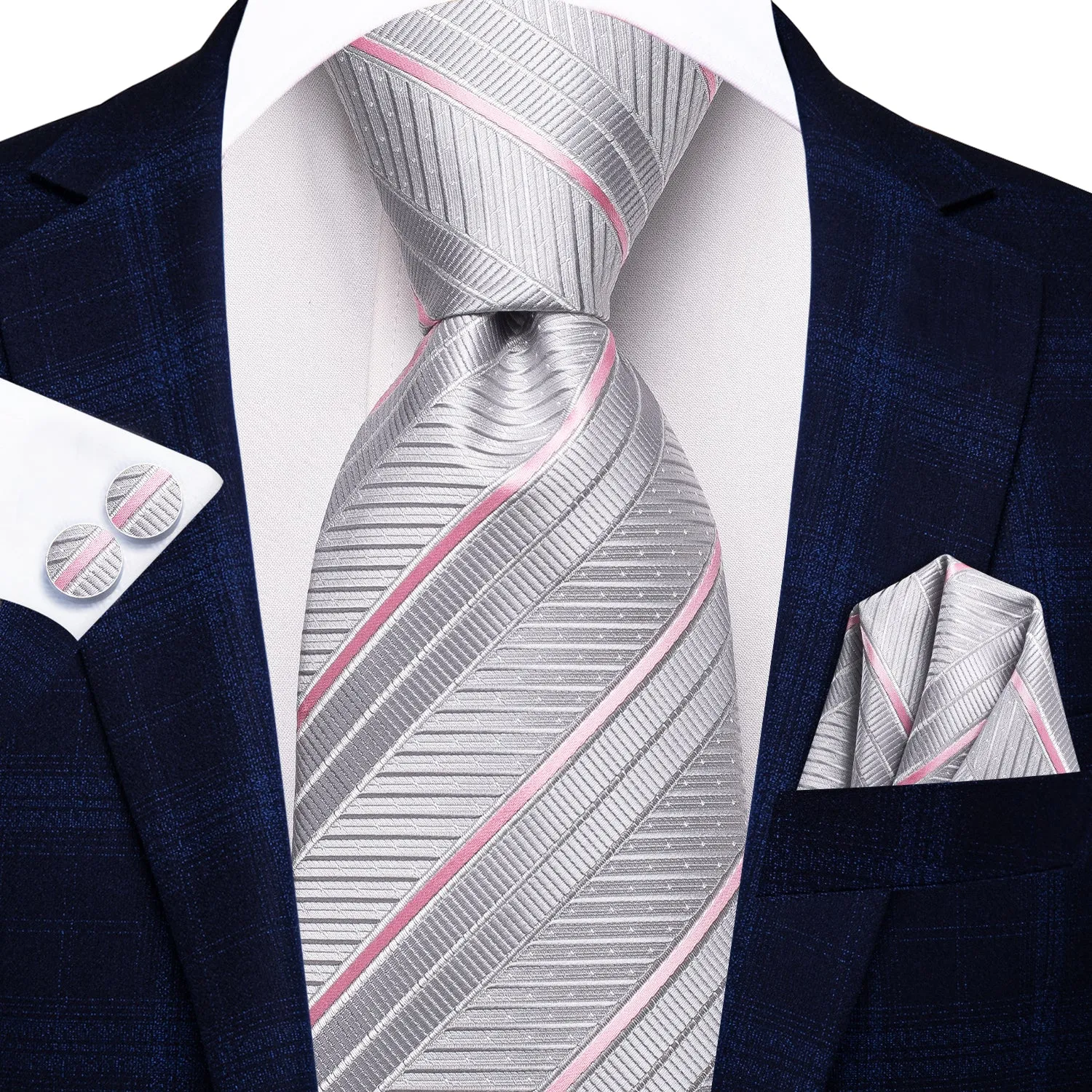 Hi-Tie Silver Grey Ties Pink Necktie Pocket Square Cufflinks Set