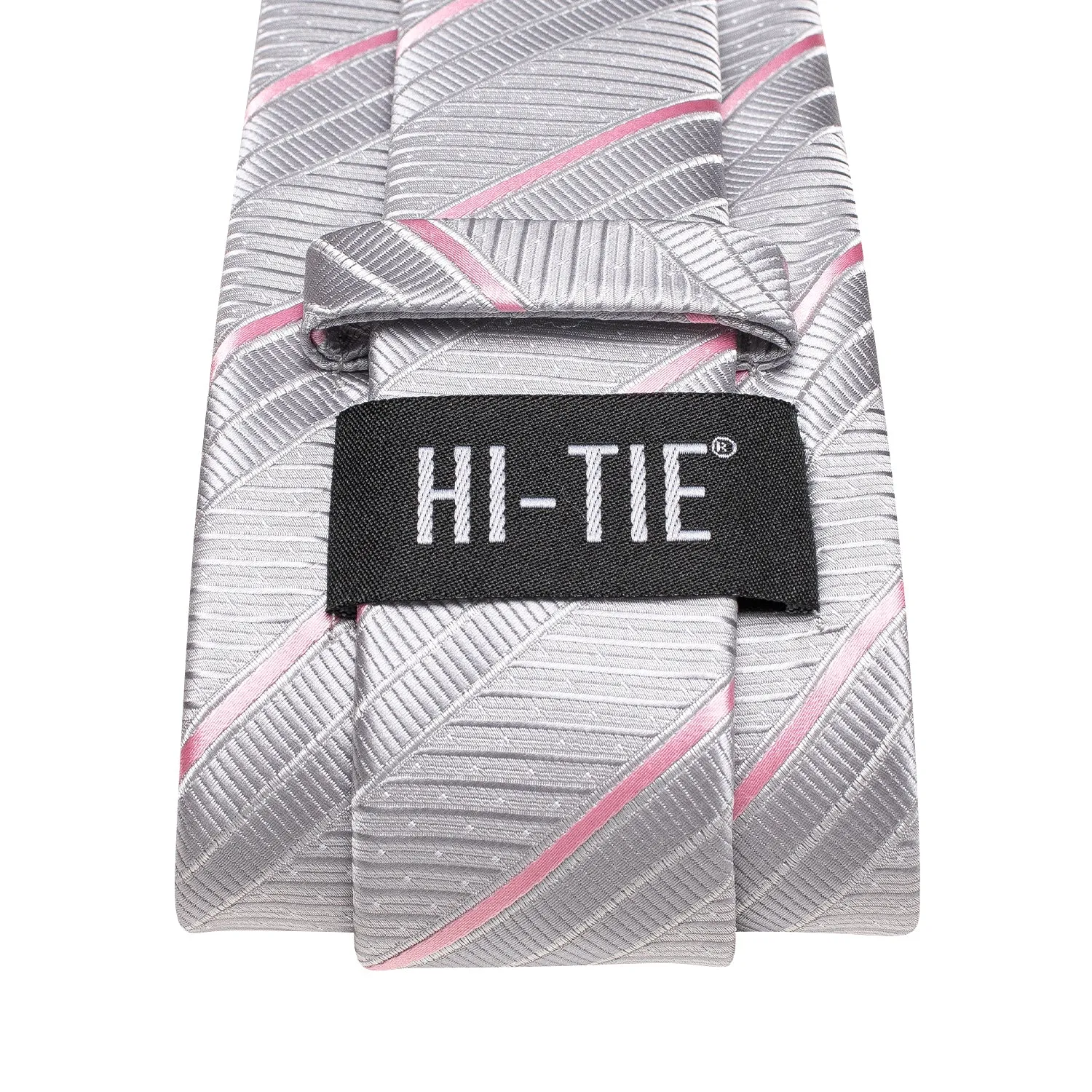 Hi-Tie Silver Grey Ties Pink Necktie Pocket Square Cufflinks Set