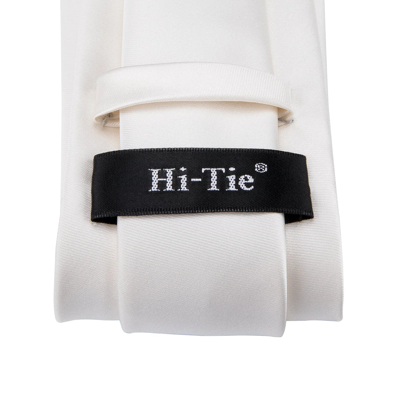 Hi-Tie White Necktie Solid Milky White Tie Pocket Square Cufflinks Set