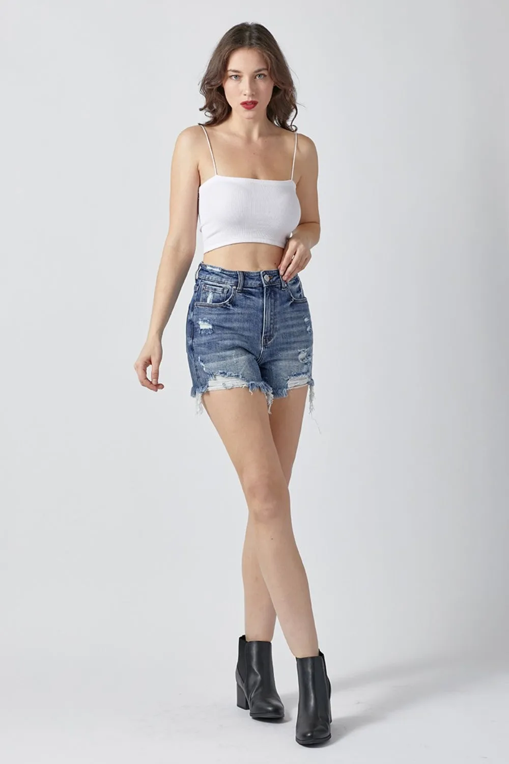 High Rise Distressed Denim Shorts